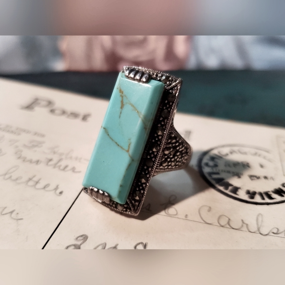 Vintage Sterling Silver LG Rectangle Marcasite Frame Turquoise Ring Size 8 J-488